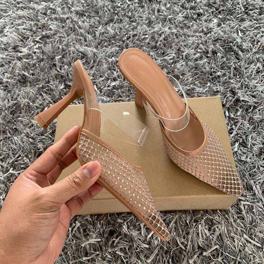 2025 Summer New High Heel Sandals Summer Elegant Pointed Mesh Designer Fashion Party Women's Mule Shoes