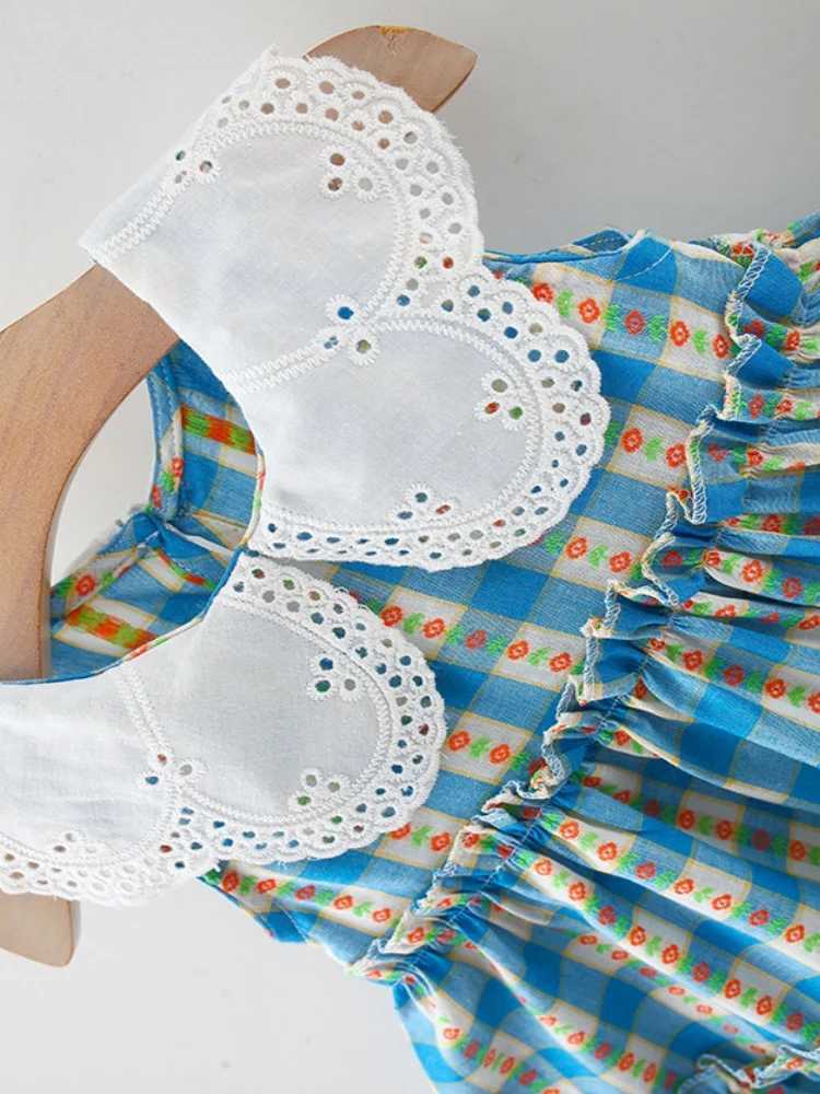 1-6 Y childrens girls cotton sleeveless lace collar dress cute floral plaid design dress W250326