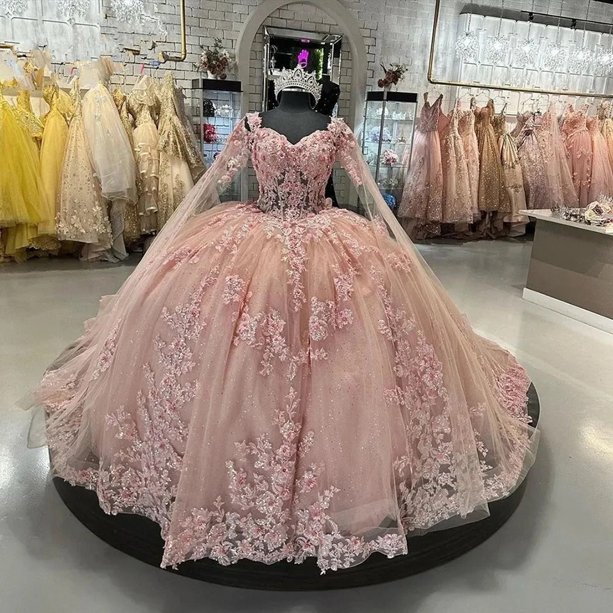 Pink princess Quinceanera Dresses with Cape 3D Flower Applique Lace-up Corset Cinderella Prom birthday Sweet 16 Dress