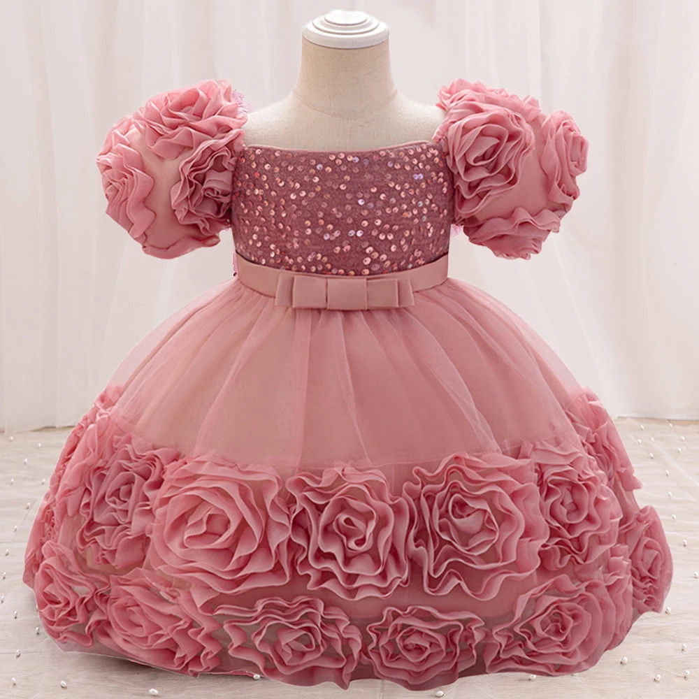Baby Girl Sequin Flower Dresses Christmas Wedding Lace 1st Birthday Party Dress for Kids Toddler Children Formal Evening Costume 250325