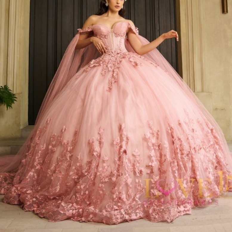 Pink Sweetheart Quinceanera Dresses Off Shoulder Beaded Bow Tull Corset Ball Gown With Cape Vestidos De 15 Anos Sweet 16 Dress