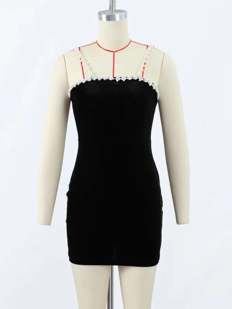 Elegant 3d wer Pearl Slip Dress Women Sexy Square Collar Backless Sleeveless Mini Dresses 2025 Spring Black Slim Robe Lady