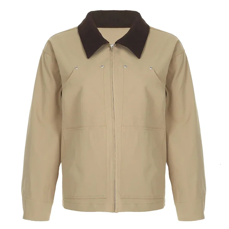 Vintage large pocket cargo jacket for women Contrast colored lapel zipper cardigan loose fitting streetwear fashionable casual jacket 250321