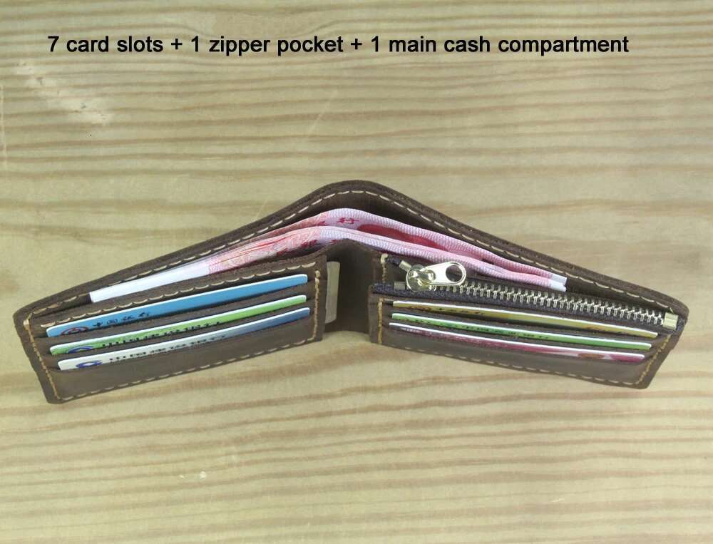 Handmade Genuine Men Wallet Bifold Purse Male Wallets Short Clip Vintage Leather Money Bag with zip pocket