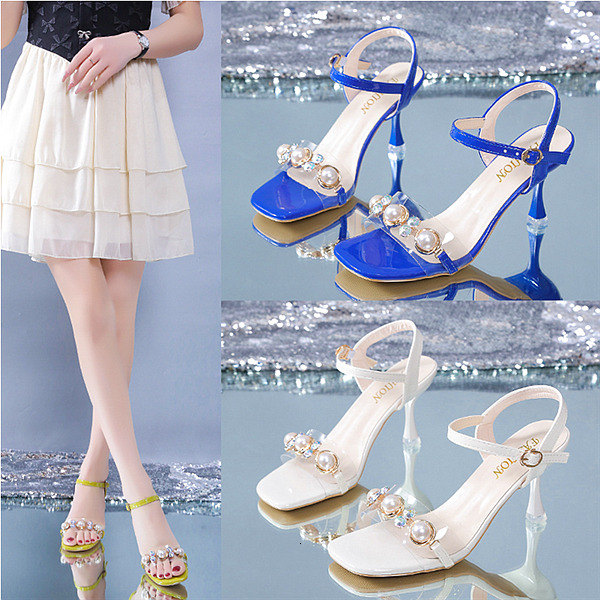 2025 Summer New Style Mingyuan Pearl One Button Strap Square Head Sandals with Thin Heels and Fairy Style Transparent High Heels