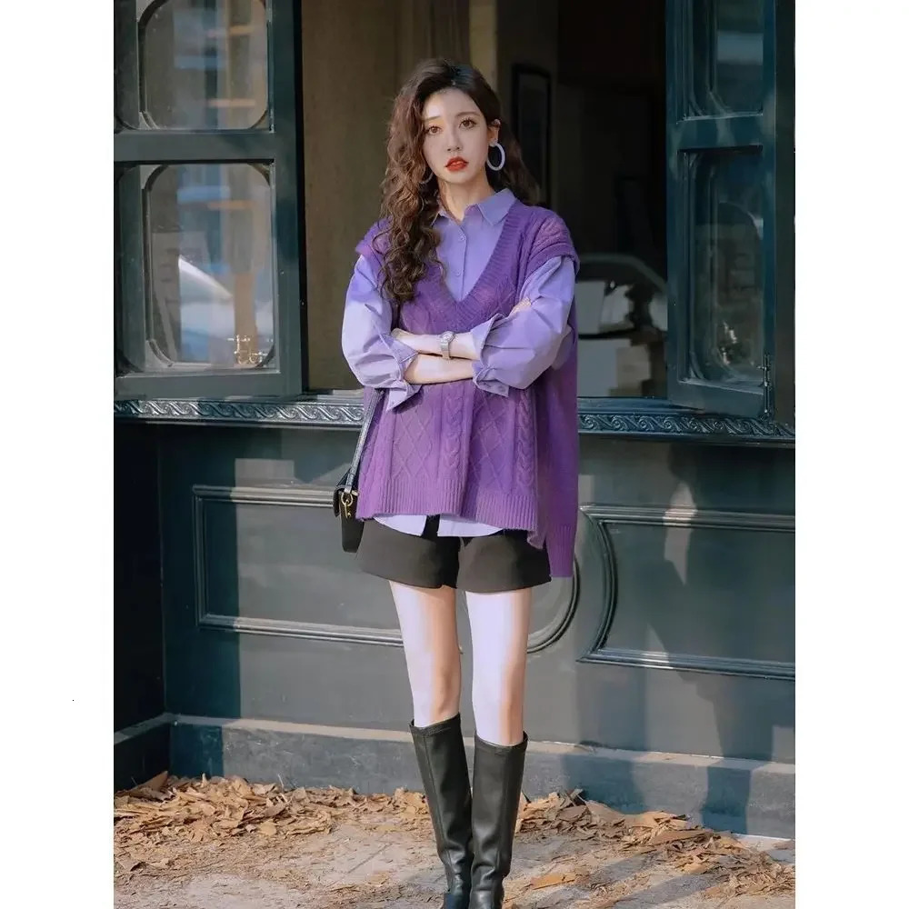 StylishNiche Versatile polo neck long sleeved shirtSen System Vneck cable knit shoulder vest 2piece set China origin 250318