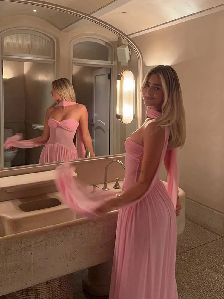 Women Elegant Pink Mesh Maxi Dress Sexy Backless Sleeveless With Scarf Slim Fits Long Robes 2025 Evening Party Club Dresses 250322