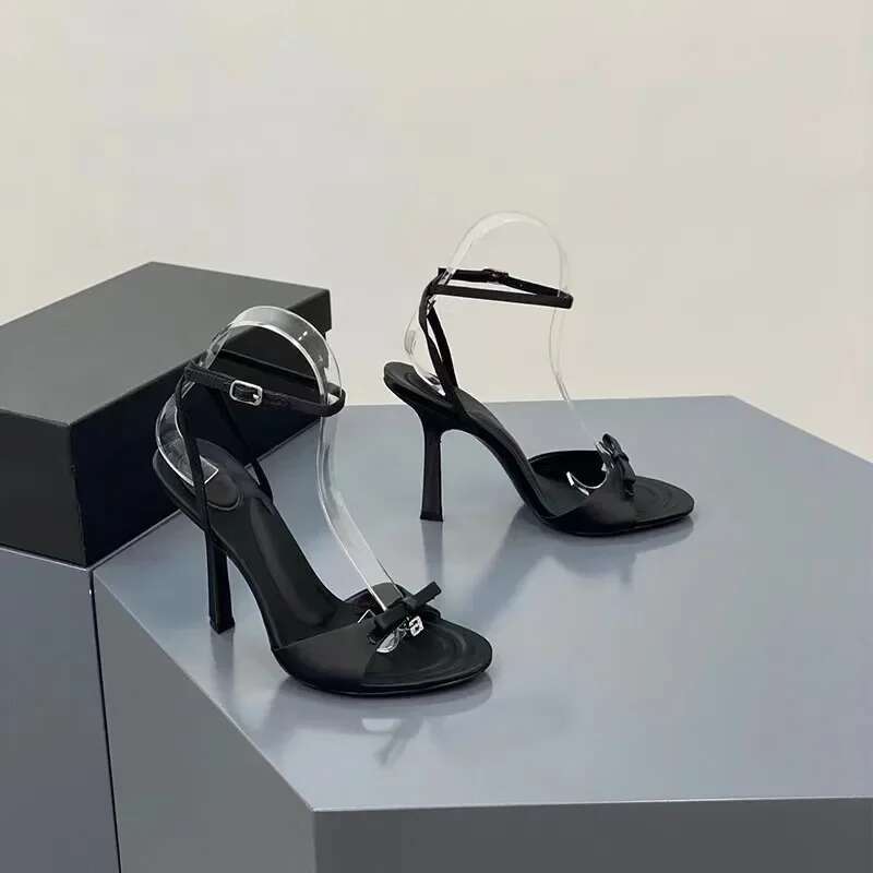New Summer Bow Satin Feminine Rhie Letters, Stiletto Heels, Open-Toe Sandals, Black Pink Womens Shoes Sandals