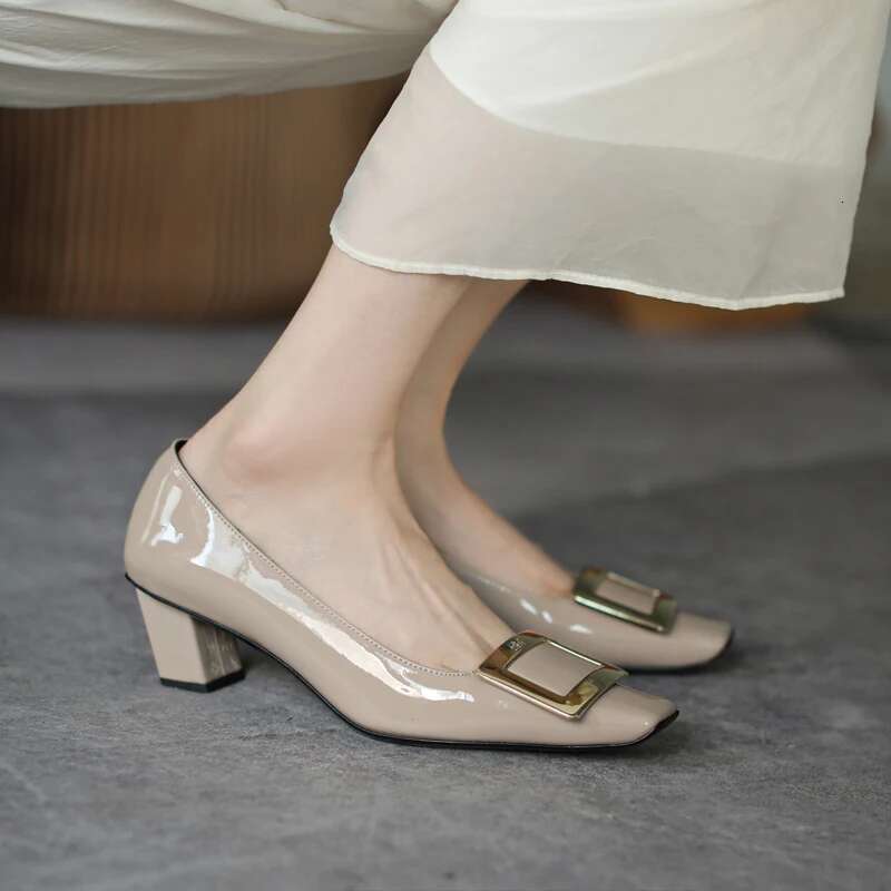 Square buckle medium heel square toe single work shallow cut high thick heels wedding shoe