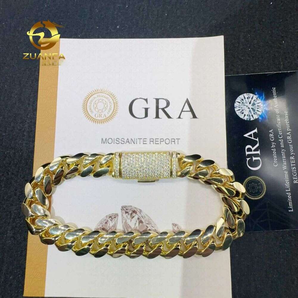 VVS Moissanite Dia Clasp Sterg Sier Hip Hop Jewelry 10K 14K Real Gold Plated Plain Cuban Bracelet