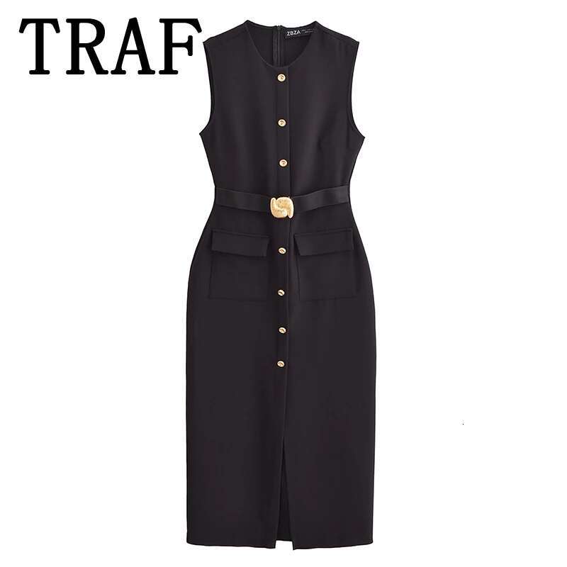 TRAF With Belt Midi Woman Elegant Long for Women 2025 Spring Dress Office Sleeveless Female Party Dresses