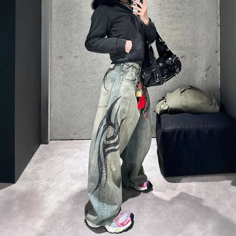Trendy Printed Jeans, Women's High Street Spicy Girl Design Sense, Wide Leg Pants, Versatile Casual Floor Pants