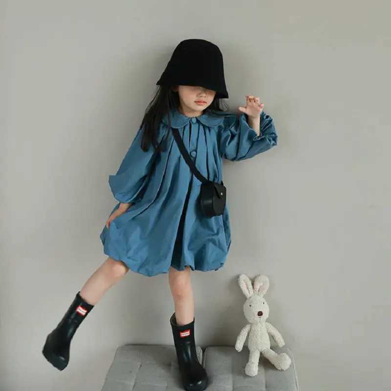 Summer casual baby and girl cotton loose pure blue puff sleeves single chest flower bud dress childrens cute clothing 2-8 years W250326