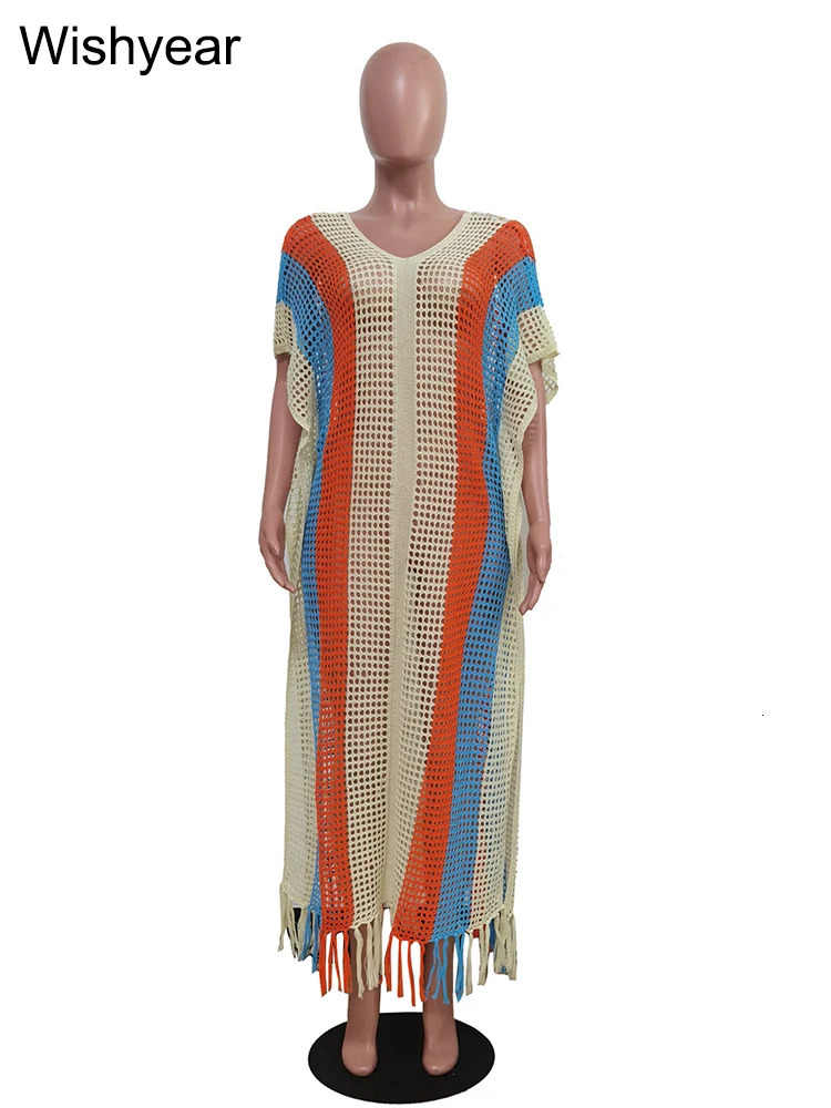 Rainbow crochet beach swimsuit womens sexy hollow knitted top short sleeved fringe swimsuit summer night club Vestido 250326