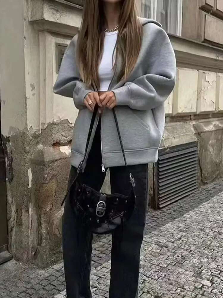 TRAFZA Autumn Women Gray With Hood Long Sleeve Big Pocket Zipper Jacket Woman Loose Casual Outerwear Coat Tops