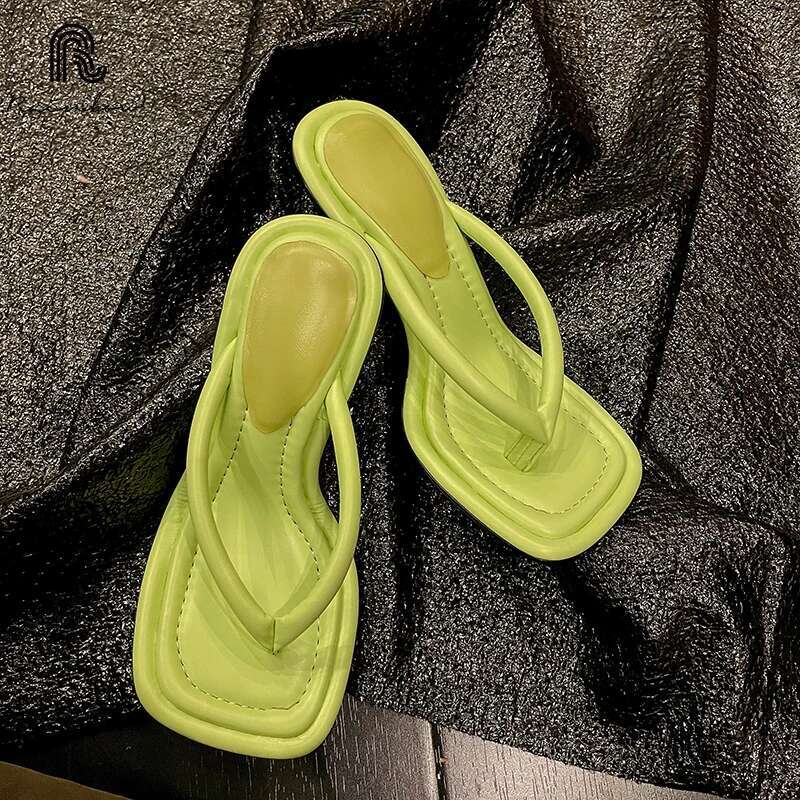 RAINBOW Size 33-41 Classic Flip P Pu Leather Round Toe Thin High Heels Women Slipper Summer Shoes Pink Top Quality Sandals