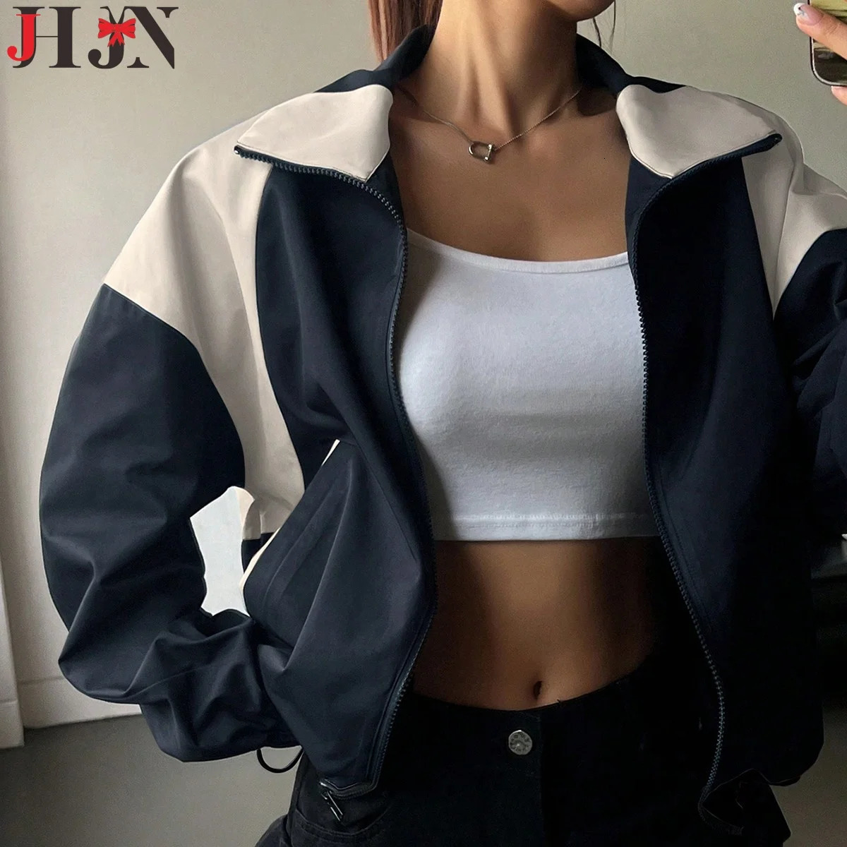 JHJN Navy Blue Womens Jacket Windproof Splicing Work Zipper Jacket and Hiking Outdoor Jacket Work Clothes Climbing Jacket 250321
