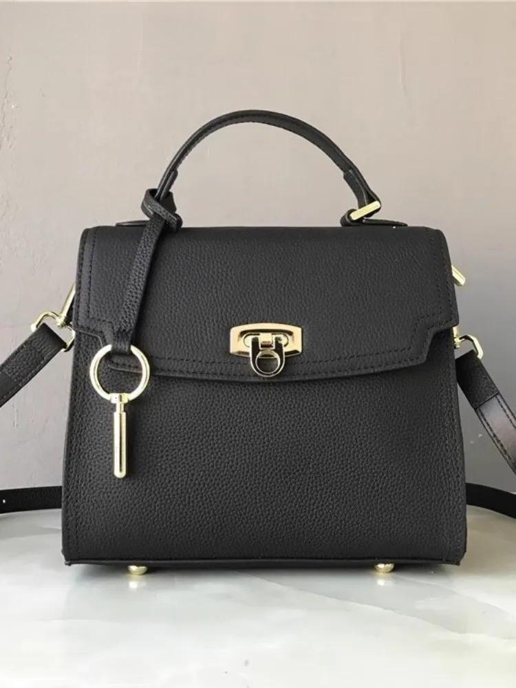 Elegant Office Ladies Solid Color Tote Handbag Hasp Single Shoulder Bag Women New Fashion Cowskin Genuine Leather Crossbody Bags