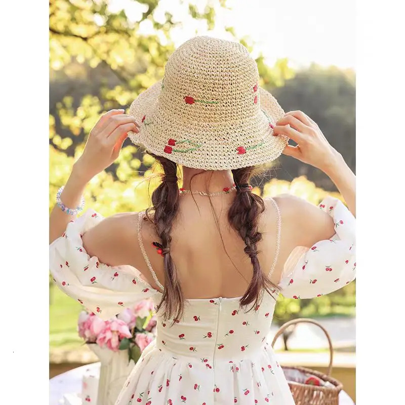 2025 Girl fashion Style bucket hat cherry Foldable Sun Crochet Hat For Beach Travel And Vacation handmade straw hat 250326