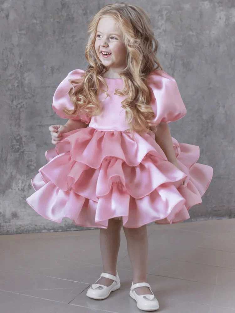 Customized pink floral girl wedding dress for layered knee length bow tie little girl photo birthday party dance dress W250326