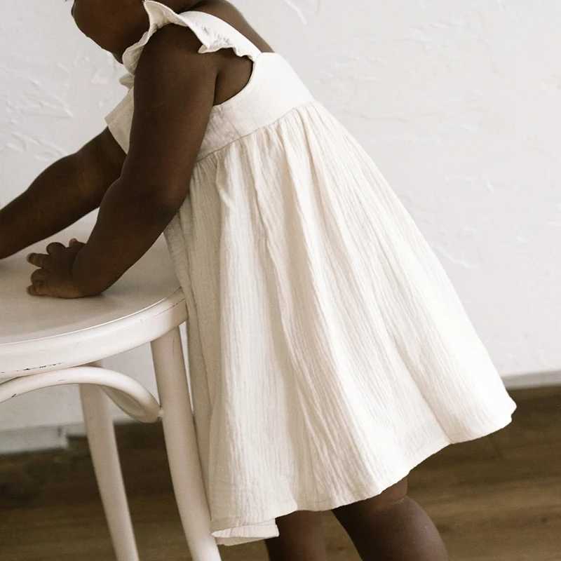 100% pure cotton plain weave girls white dress with lace summer new retro baby girl sleeveless ruffled shoulder straps Flowy princess dress TZ385 W250