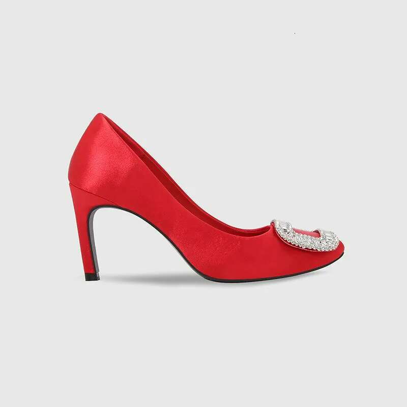 2025 Satin Pumps Slim Heel For Women Buckle Rhie Heels Red Wedding Round Head Professional Work Shoes