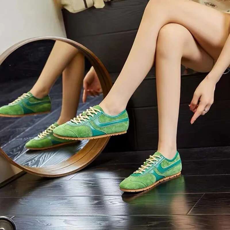 New Women's Green Vintage German Training Summer Breathable Casual Flat Sports Frosted Cowhide Single Shoes