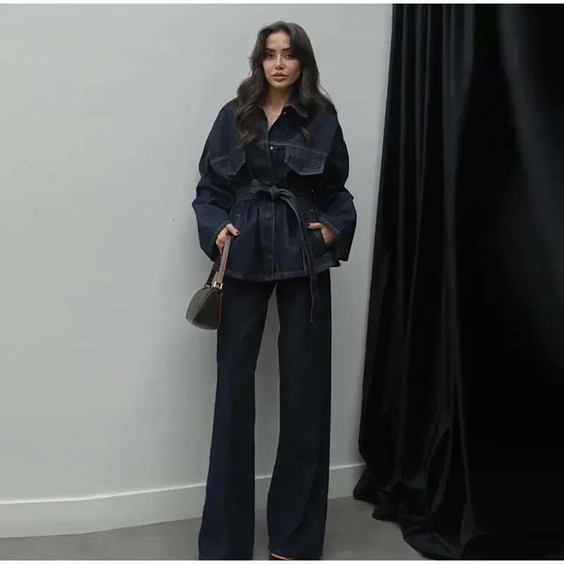 Vintage Women With Belt Denim Jacket Pants Set Single Breasted Long Sleeve Jackets Wide Leg Jeans Lady Street Outfits 2025