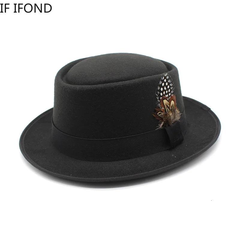 Vintage Curve Brim Felt Fedora Hat Mens Autumn Winter Trilby Jazz Hat Church Pig Skin Hat with Feather 250325