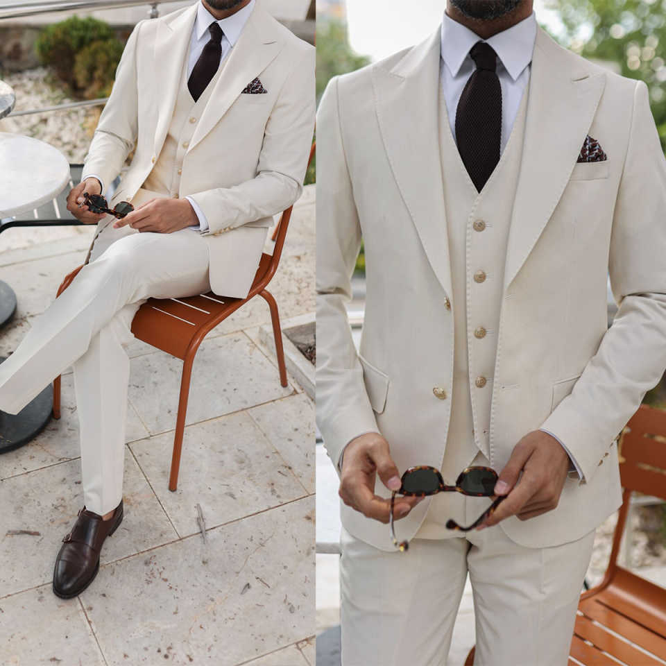 New Arrival White Men Suits Set 2 Pieces Blazer+Pant Trousers With Peaked Lapel Customized Groom Wedding Tuxedo Formal Office Prom Jacket Plus Size(Co