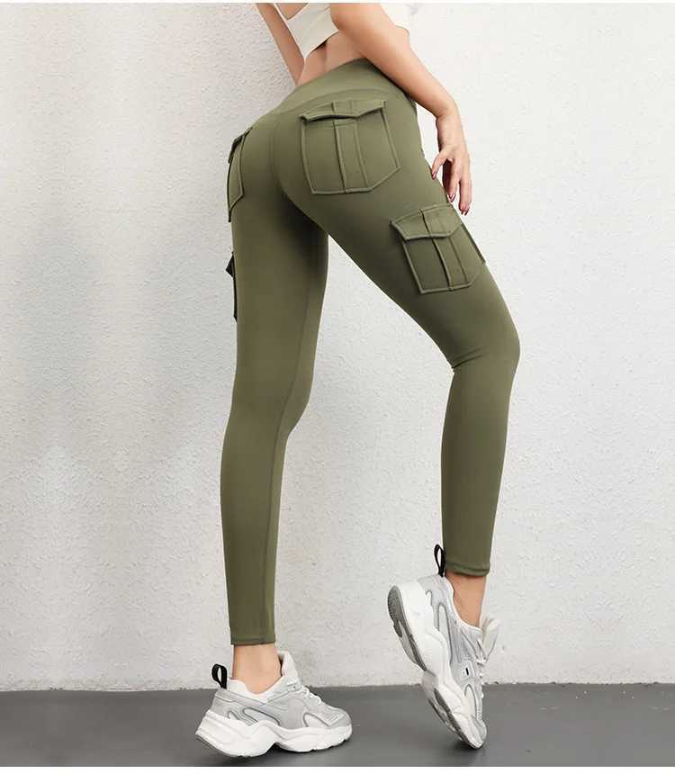 Multi pocket high waisted solid color yoga pants for exercise and yoga legs W250326