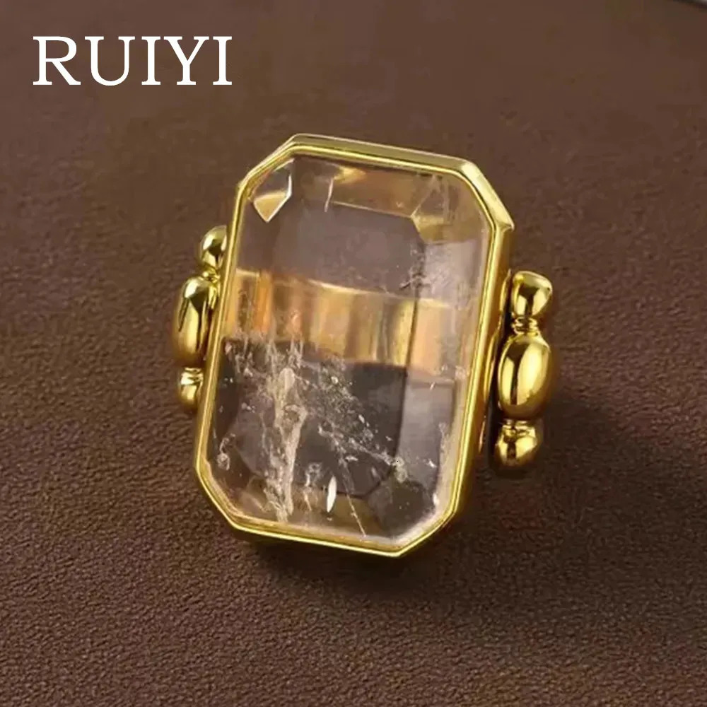 Fashion Square Natural Stone Crystal Ring Gold Womens Brass Jewelry European and American Light Gift 250322