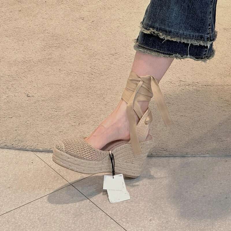Wedges Platform Sandals Espadrilles Ankle Lace Up Round Toe Hollow Vintage Holidays Shoes Sgback Unique Women Summer Footwear