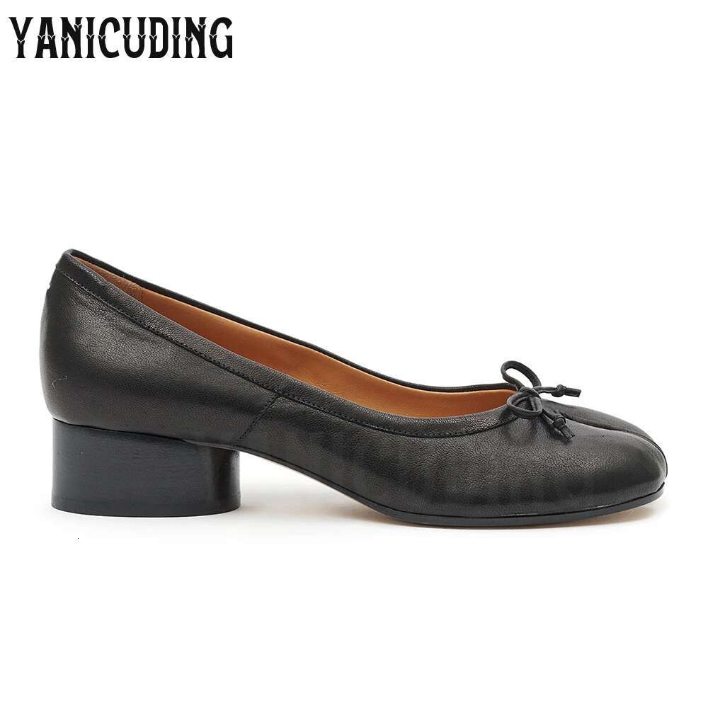3cm Low Cydrical Heel Ballerina Pumps Tabi Slip-On Leather Shoes Bow Detaig Elegant Handmade Designer Footwear for Banqute