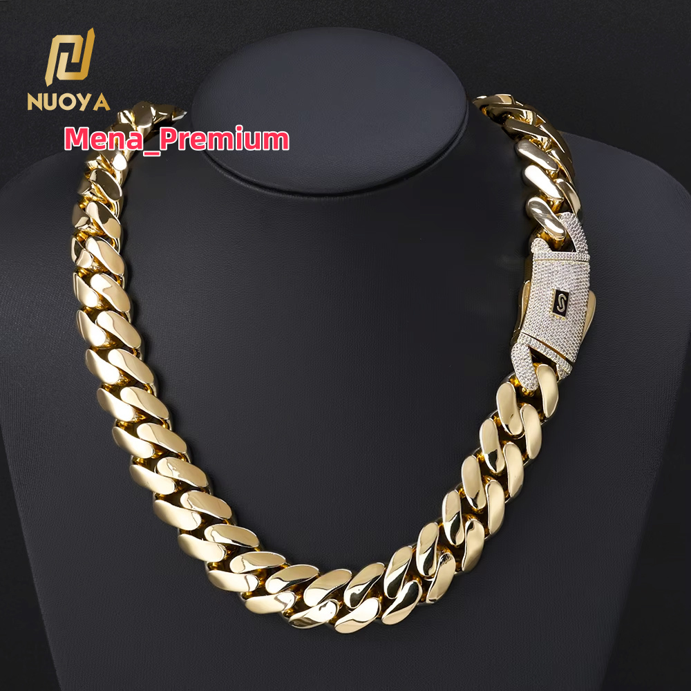 NUOYA Hiphop Jewelry Iced Out Diamond Clasp Flat Monaco Chain 14K Gold Plated Thick Cuban Link Chain Choker Necklace for Women