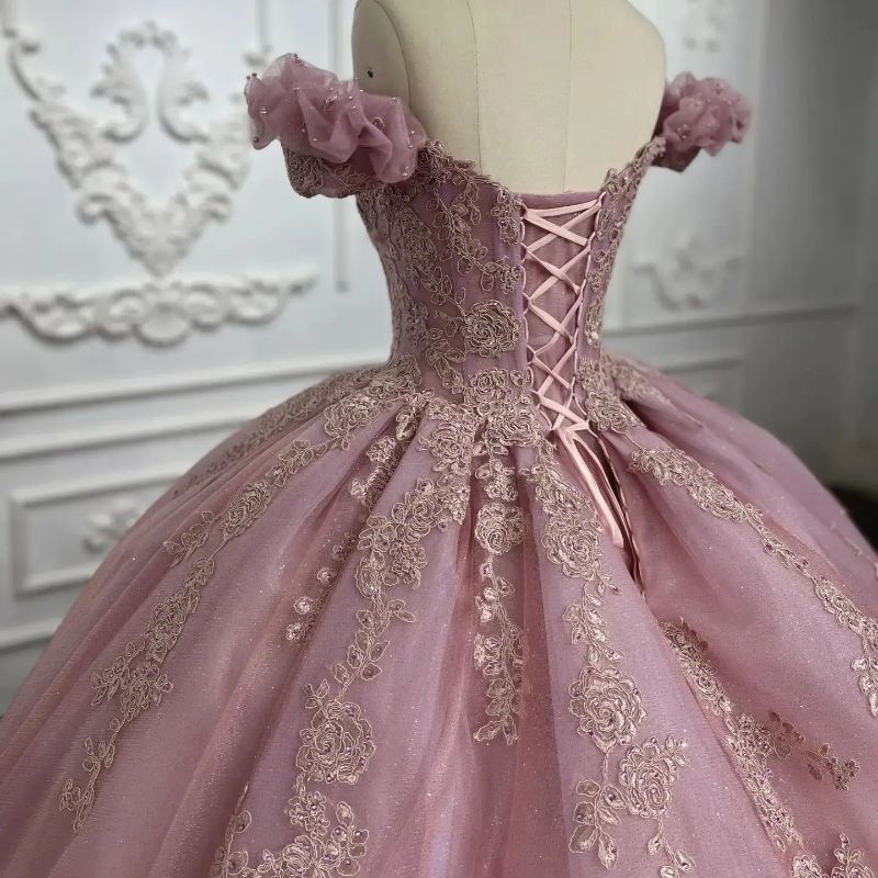 Glittering Pink Sweetheart Quinceanera Dress Off The Shoulder Party Party Dress Lace Applique Beads Sweet 16 Princess Vestidos De 15 Anos