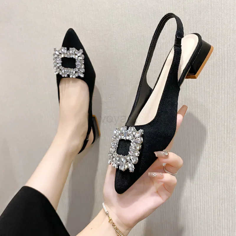 Large Size Wens Shoes French Sle Baotou Sandals Wens New Small Heel Low Heel Shoes Rhinestone Pointed Single Shoes Z250326