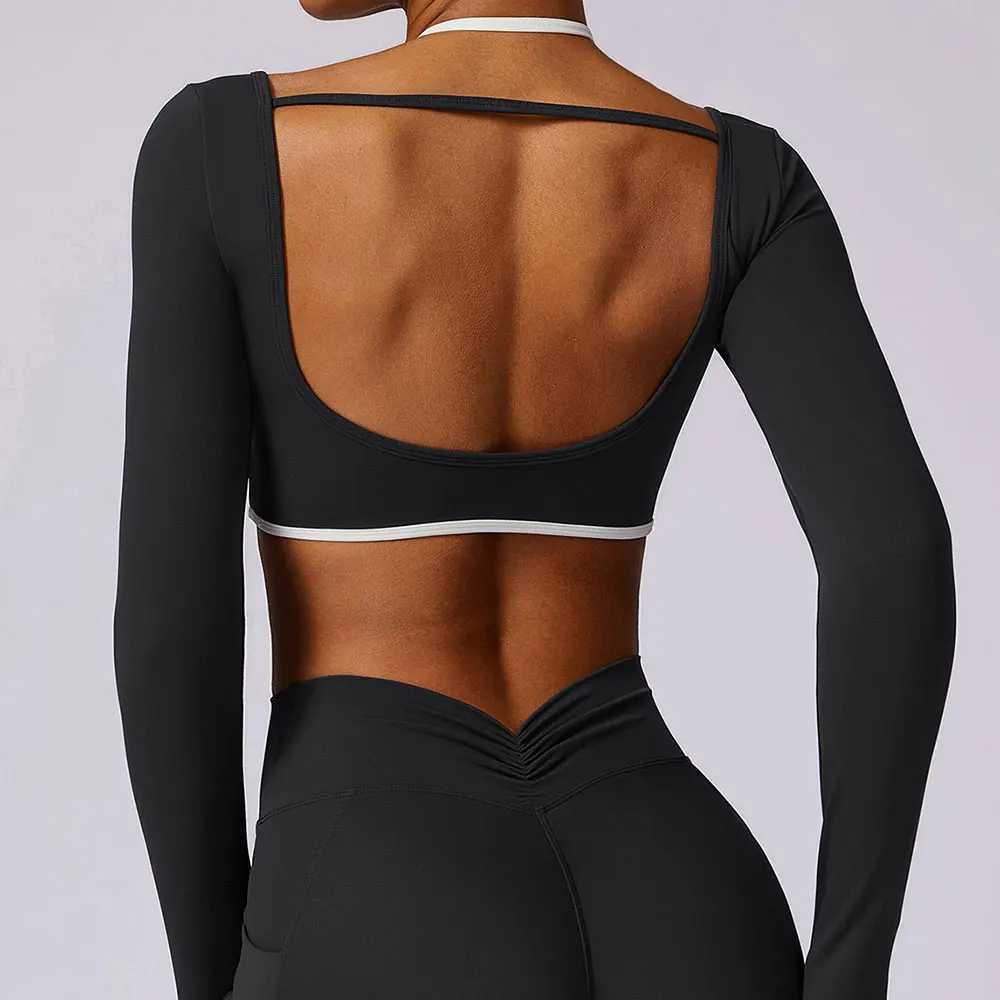 Sexy backless yoga long sleeved push up crop Top womens gym clothing Breathable yoga shirt Fitness training sports top W250326