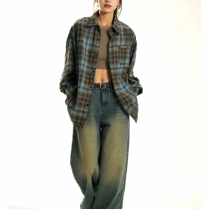 Fashion trend Two tone wool plain weave mens shirt for spring Y2k retro American loose casual long sleeved couple jacket 250326
