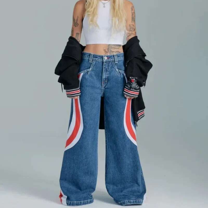 American Fashion Brand JNCO Spliced Contrasting Jeans Women's Y2k High Street Floor Wide Straight Leg Pants