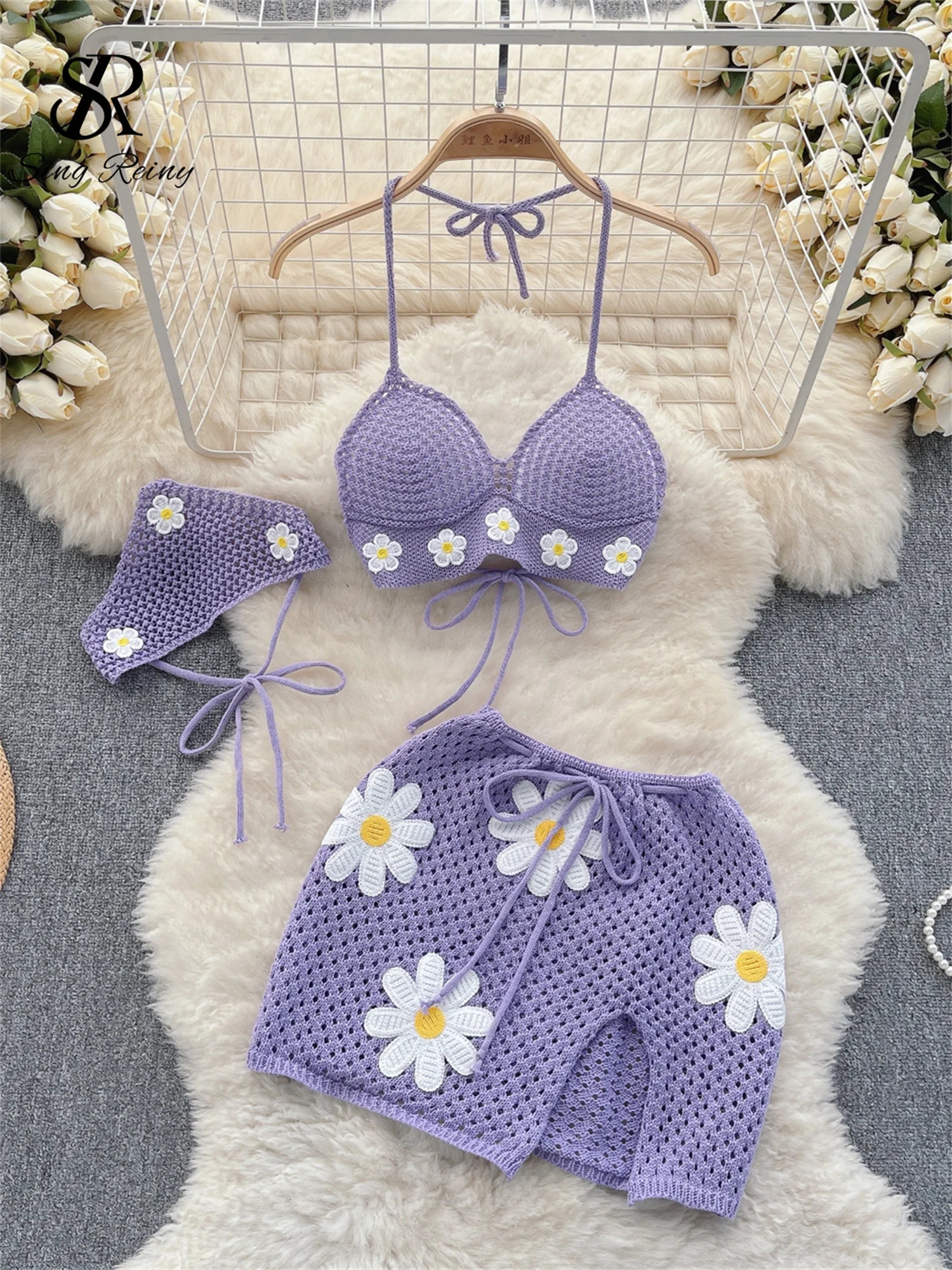SINGREINY Korean Hollow Out Knitted Suits Women Halter Lace Up Bow Backless Tank TopDrawstring Split Mini Skirt Two Pieces Sets 250324