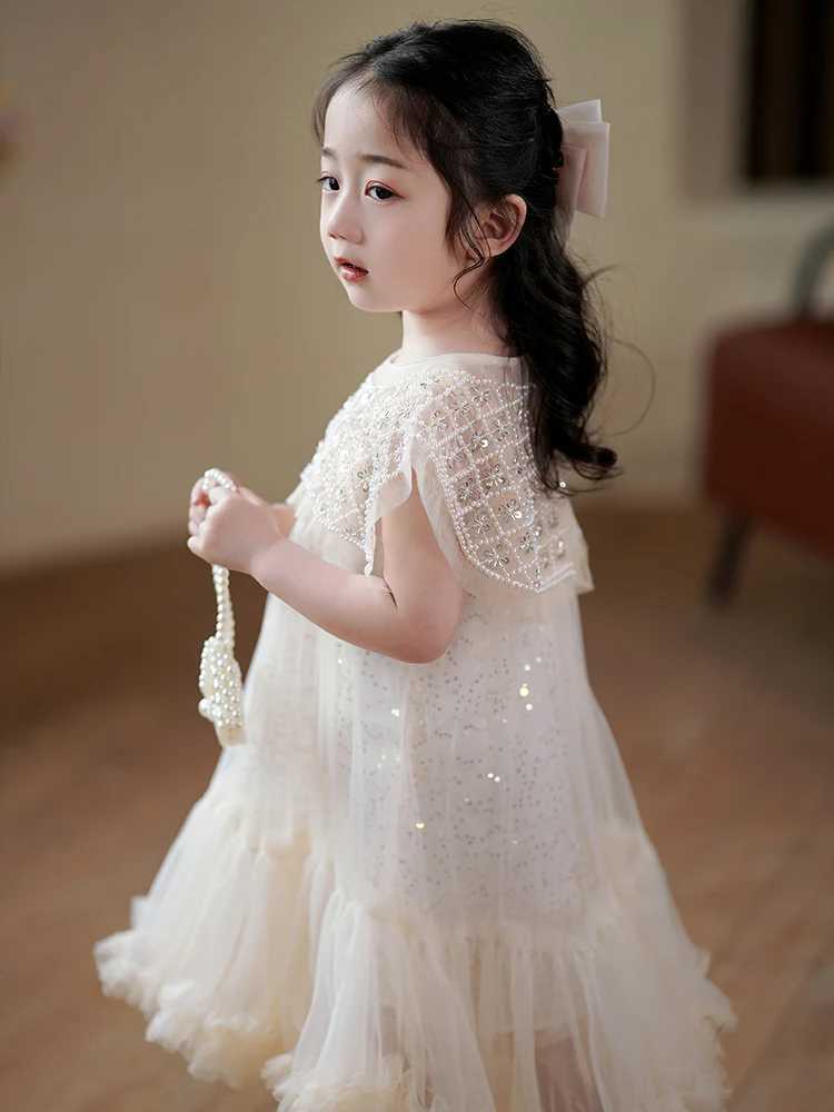 Girls Prin cess Dress Casual Spring Summer Princess Dress Childrens 2024 Wear Korean Pearl Neck Fashion Yarn wedding Dress W250326