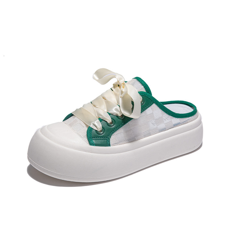 Designer Shoes 2025 Summer New Half Slippers White Thick Bottom Big Head Student Union Casual Hollow Cake Shoes Women's Checkered Printed Board S