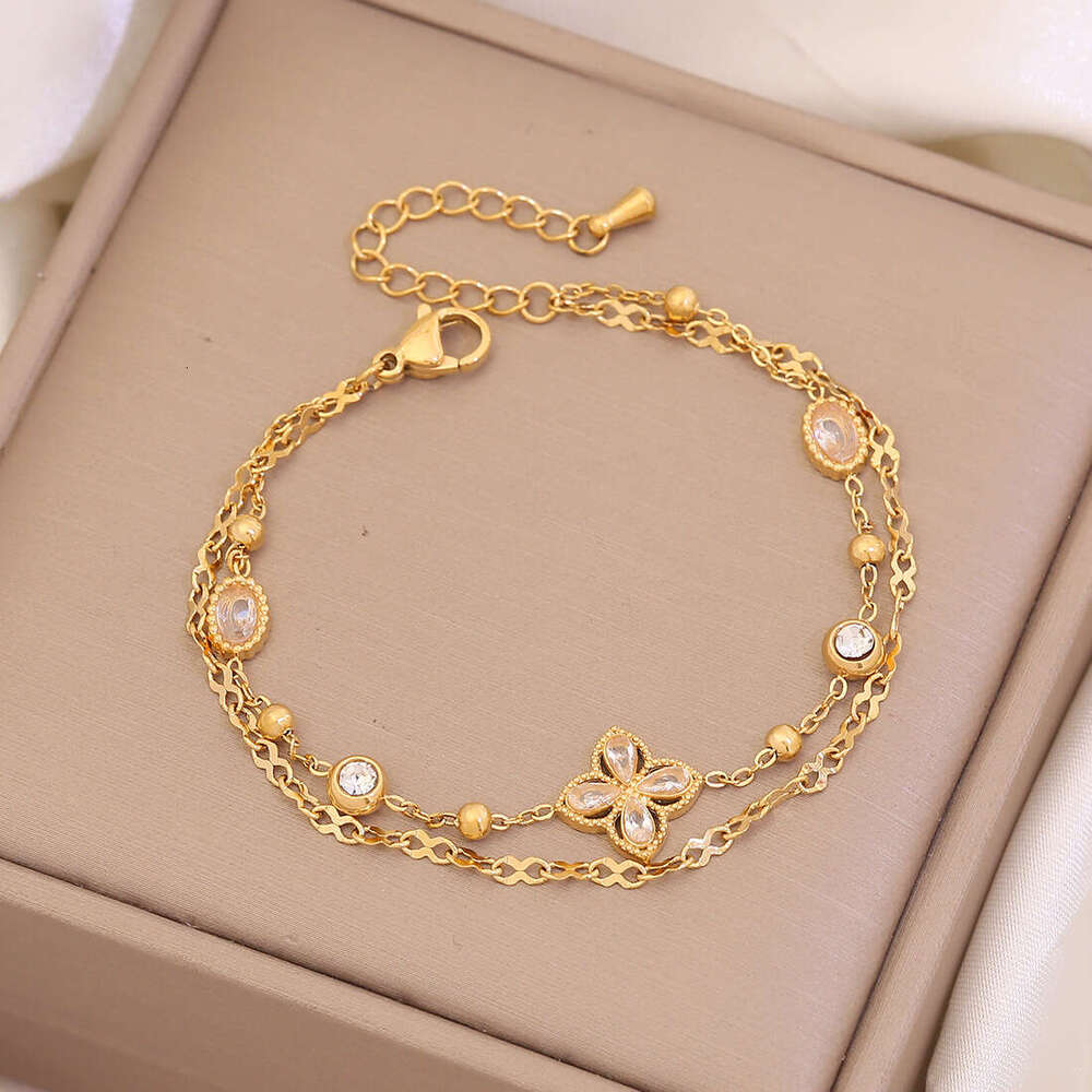 Clover Bracelet Designer jewelry 4/ Leaf Bracelet Gold Plate Agate Diamond double layered chain with pearl accessories Chain birthday Gift Party desig