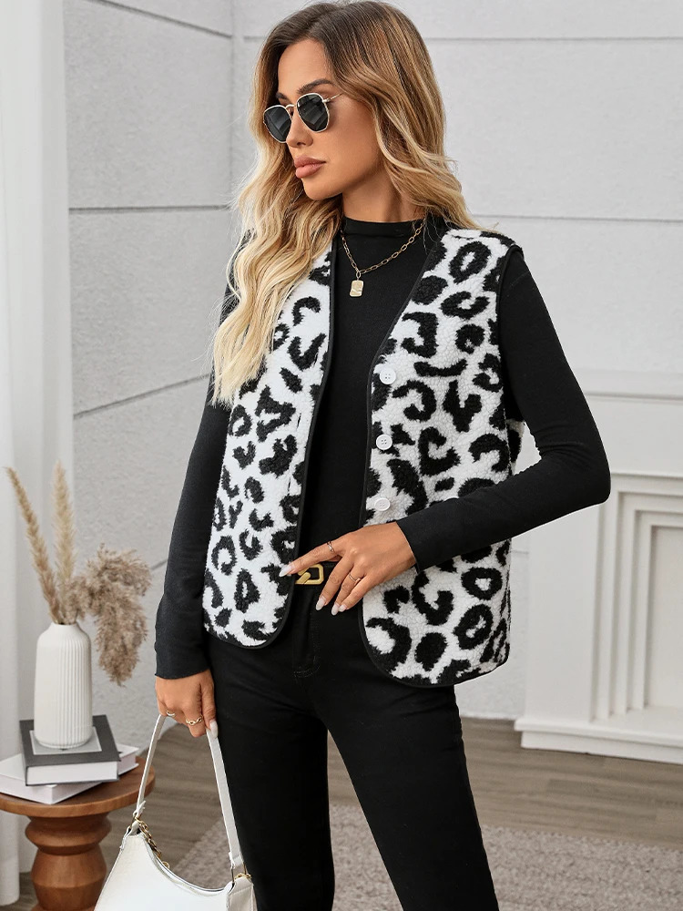 Womens French autumn clothing leopard print teddy vest jacket autumn fashion womens jacket 250320