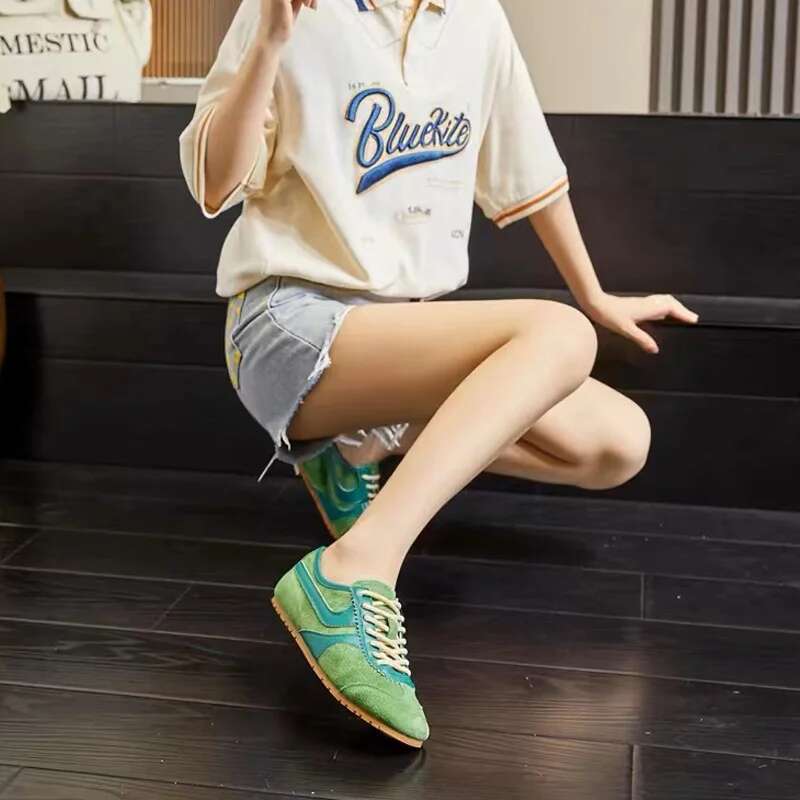 New Women's Green Vintage German Training Summer Breathable Casual Flat Sports Frosted Cowhide Single Shoes