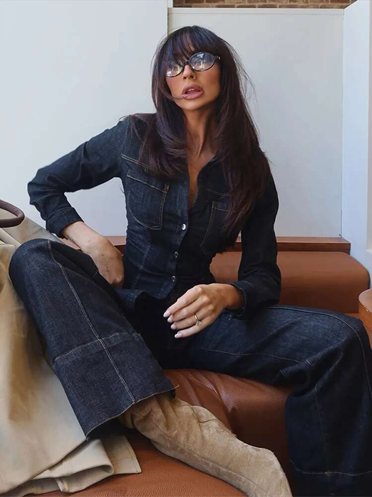 Chic Women's Vintage Denim Set Single Breasted Lapel Jacket With Waist Wide Leg Jeans Spring Fall High Street Casual Outfit