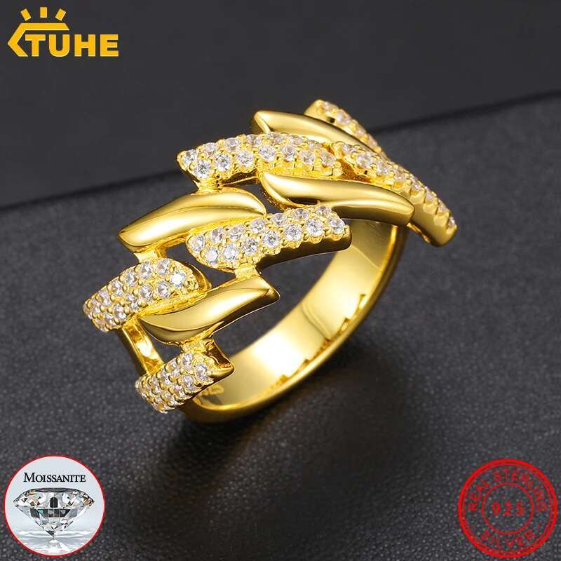 TUHE Unisex Cuban Chain Iced Out Baguette VVS1 Moissanite Cross Rings S925 Silver For Men Hip Hop Jewelry