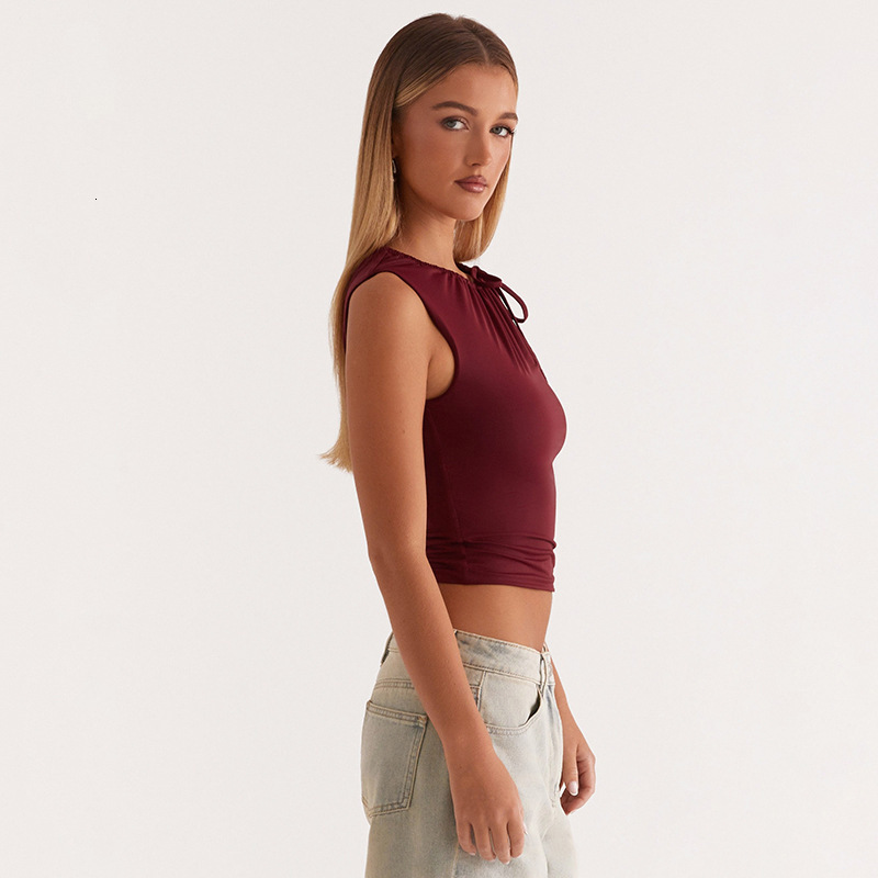 2025S Fashion Designer Y TP Women S Autumn And Winter Round Neck Pullover Solid Color Pleated Drawstring Strap Exposed Navel Top T Shirt