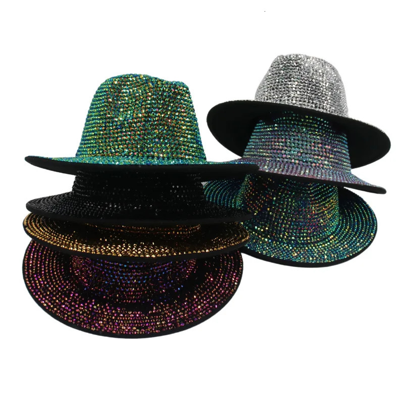 Rhinestone Jazz Fedora Hats Wide Brim Cowboy Hat for Women Men Stage Performance Shiny Handmade Diamond Retro Felt Top Hat 250325